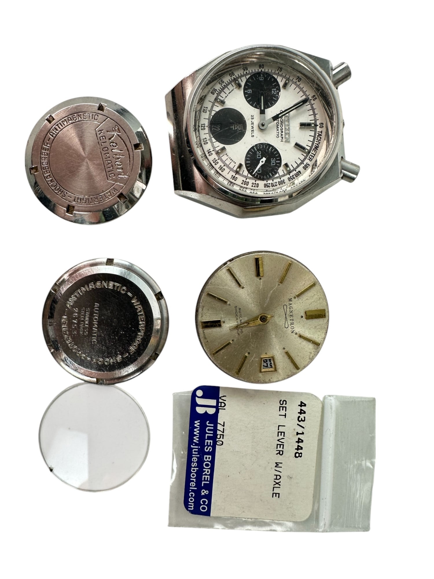 Collection of Vintage Movements Citizens and more: Including. Crystals 443/1448 Set Lever w/Axle Stainless caseback Kelbert case back Citizens Chronograph dial, case and movement