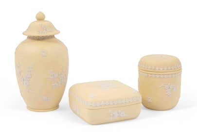Three Piece Vanity Collection of Wedgwood Jasperware in Yellow