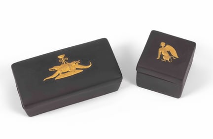 Two Lidded Wedgwood Jasperware boxes in Black and Gold