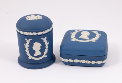 Pair of Lidded Wedgwood Jasperware Vessels in Royal Blue