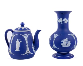 Wedgwood Jasperware Tea Kettle and Vase in Royal Blue
