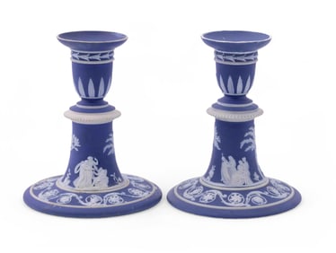Pair of Wedgwood Jasperware Cobalt Blue Candlesticks