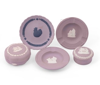 Set of Five Wedgwood Jasperware Lilac Objects