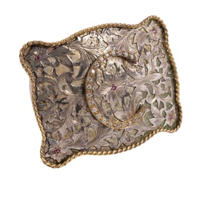 Vogt Silver Belt Buckle with Red Sapphires and Cubic Zirconia Stones