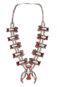 Vintage Silver & Coral Squash Blossom Necklace