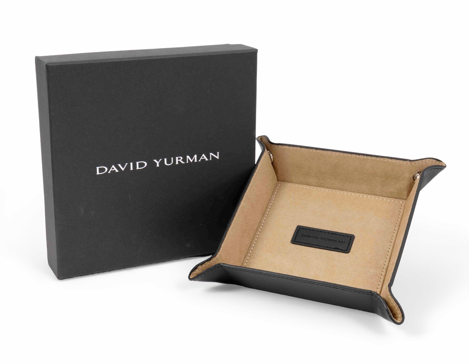 New in Box David Yurman Black Leather Valet: A beautiful black and tan leather valet, new in the box by David Yurman, . Measuring 5.5 inches square.