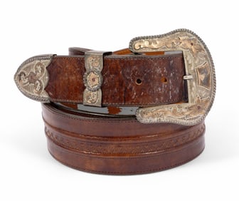 Vintage Lucchese Brown Leather Belt and Western Belt Buckle