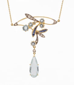 Ladies Gold, Diamond, Aquamarine and Sapphire Necklace