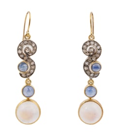 Pair of Gold, Diamond, Sapphire and Moonstone Earrings