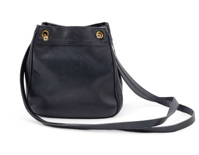 Vintage Bottega Veneta Pocket Shoulder Bag: A vintage Bottega Veneta, Made in Italy pocket shoulder bag in navy leather, with gold tone hardware, magnet closure and double strap. Measuring H 8 D 8 inches Condition: signs of wear, sc