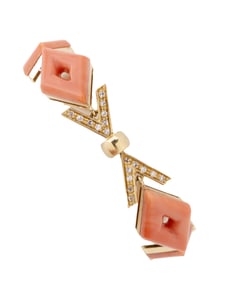 Ladies Vintage Coral and 18 Kt Gold Triangle Bracelet, Diamond Accent Stones