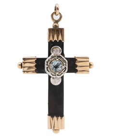 Ladies Black Onyx Cross Pendant with Aquamarine & Diamonds
