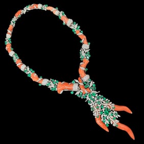 Elaborate Red Coral, Natural Round Diamonds and Colombian Green Emeralds Necklace