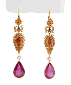 Pair of Antique Victorian Earrings, ca. 1880s Eith Diamonds, Tourmaline and Garnet on Gold