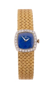 Vintage 18K Gold Universal Geneve Ladies Watch with Lapis Dial