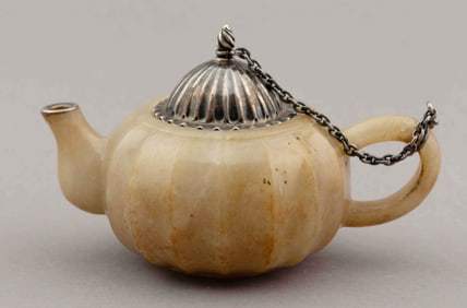 Chinese Jade and Hardstone Melon-Carved Teapot In The Manner of Qing Dynasty
