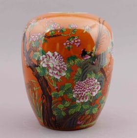 Chinese Glazed Jar in Red With Flowers and Birds