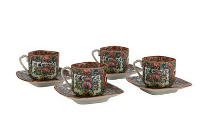 Set of Four Chinese Qing Rose Medallion Tea Cups and Saucers