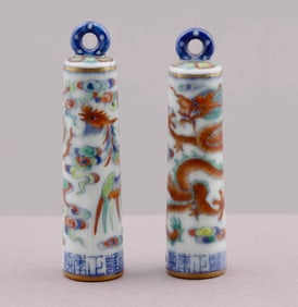 Pair of Chinese Doucai Porcelain Hat Pendants