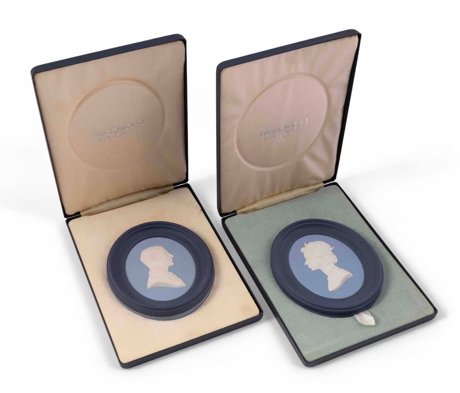 Pair of Limited Edition Wedgwood Jasperware Commemorative Pieces: This pairing includes the following items: - A boxed plaque in blue and white of H. R. H. The Prince Philip, Duke of Edinburgh. This piece is labeled as the 227th piece of 1000 - A boxed plaque in blu