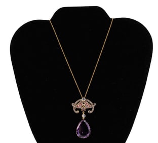 Diamonds, Amethyst, Emerald and Moonstone Brooch Pendant