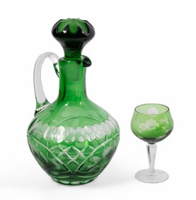 Green Cut Glass Handled Decanter and Wine Glass
