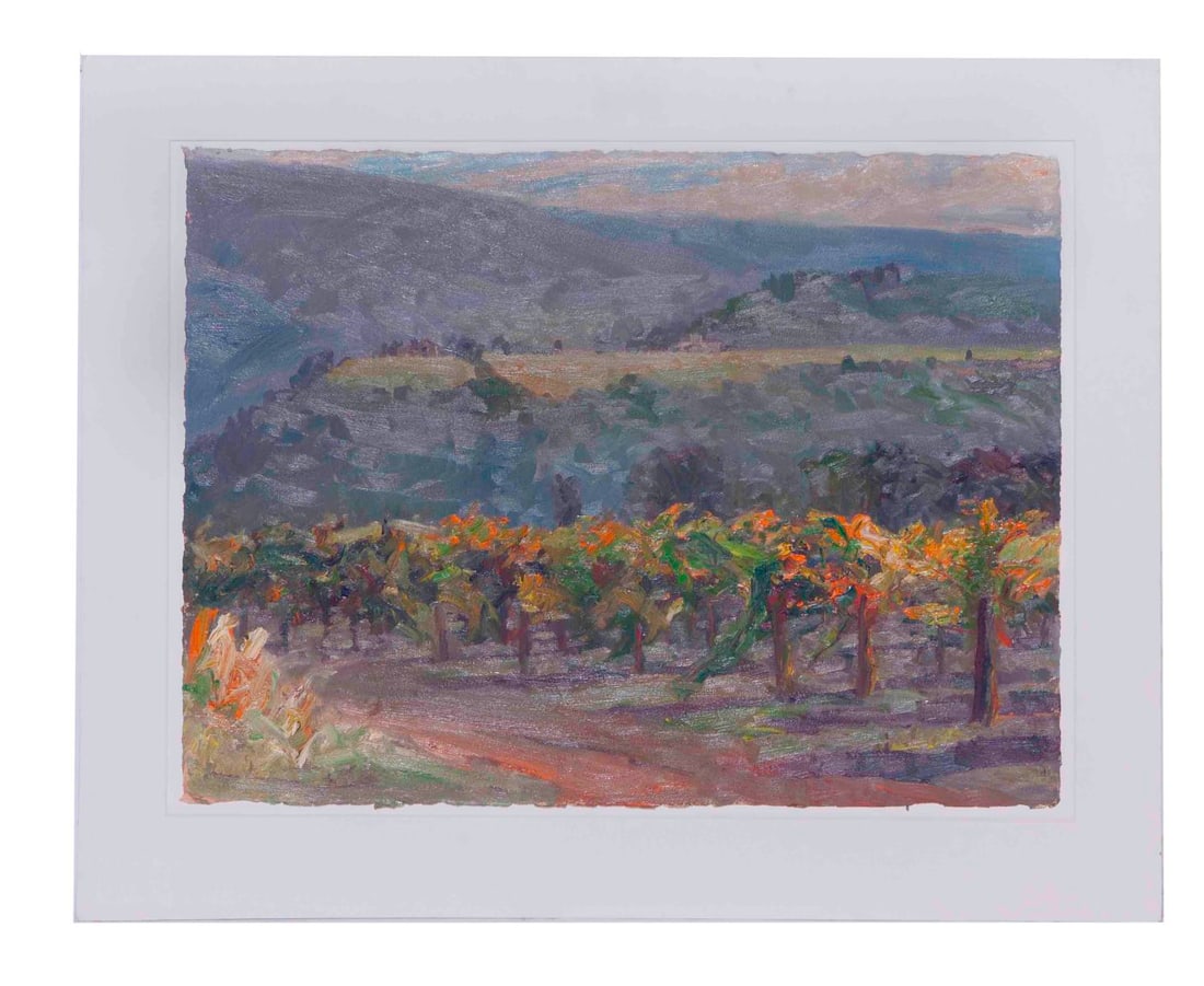 Jian Wang Painting Golden Autumn in Napa Valley, California: Jian Wang (Chinese, 1958) Golden Autumn in Napa Valley, California 2001 Oil on hand-made paper Unframed, measuring Signed lower left corner Provenance: Purchased by the consignor directly from the art