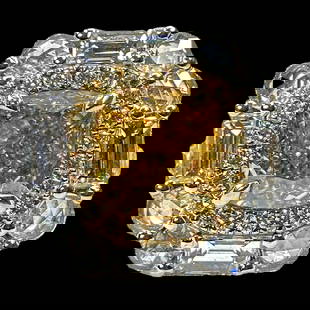 Ladies 3.02 Carat Fancy Yellow Diamond Ring: A stunning 3.02 carat GIA-certified natural fancy brown/green/yellow diamond ring. VS2. Cushion modified brilliant diamond. The center stone is surrounded by round and baguette diamonds for a to