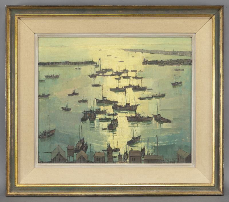 Paul Starrett Sample, "Harbor Boats" oil on canvas: Paul Starrett Sample, "Harbor Boats" oil on canvas Signed lower right "Paul Sample"; titled and signed on canvas reverse. Canvas: 20"H x 24"W; Frame: 28.75"H x 33"W. Paul Starrett Sample (American, 18