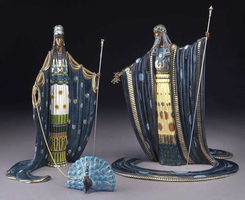 3 Pc. Erte (Romain de Tirtoff) "Hera and Zeus": 3 Pc. Erte (Romain de Tirtoff) "Hera and Zeus" cold-painted bronze figural suite. Zeus signed "Erte"; stamped and copyrighted "1989 Sevenarts Ltd. London 262/500" with foundry stamp "DS". Erte (Romain