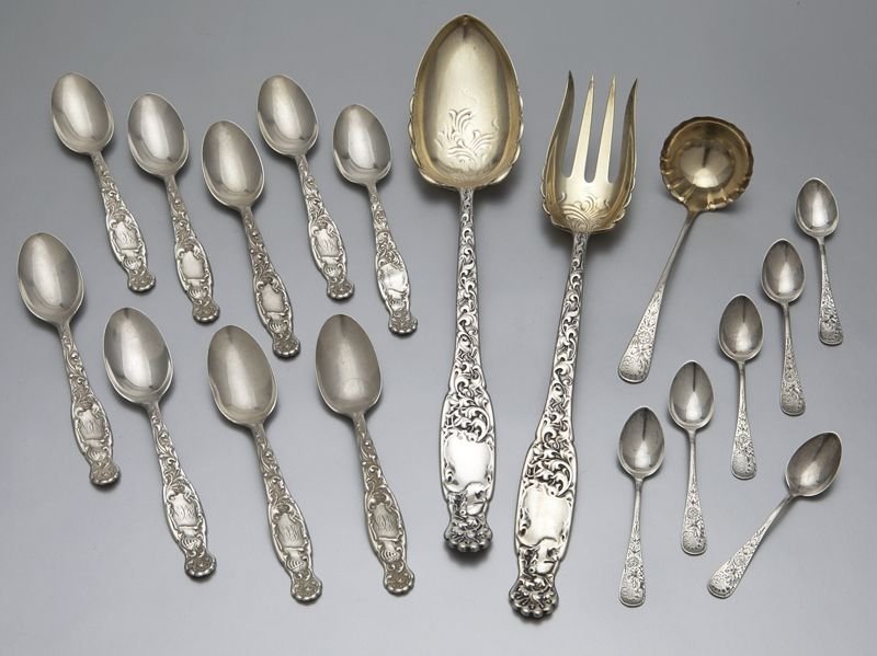 18 Pcs. Whiting sterling silver flatware, incl.:: 18 Pcs. Whiting sterling silver flatware, incl.: (9) spoons in the Heraldic pattern with repousse armored knights, with various monograms and inscriptions; (2) serving utensils of like decoration; (6)