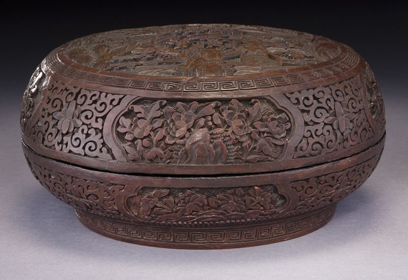 Chinese Qing penghe cinnabar box: Chinese Qing penghe cinnabar box depicting figures in a landscape, six character mark to the bottom. 4.5"H x 9" Dia., Circa - 19th C.