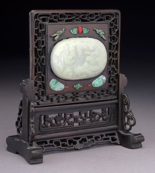 Chinese jade inlaid table screen: Chinese jade inlaid table screen depicting a figure on a landscape. 9.5"H x 8.75"W, Circa - 19th C.