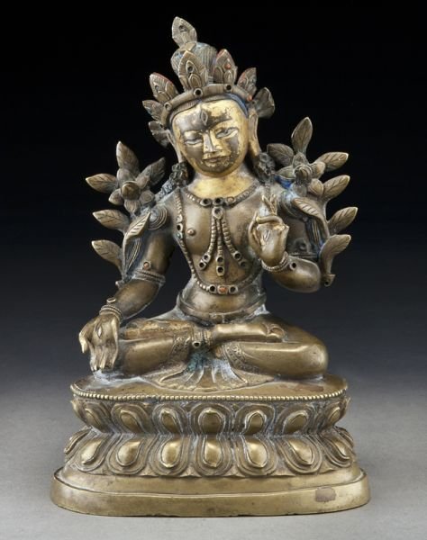 Chinese-Mongolian gilt bronze white Tara,: Chinese-Mongolian gilt bronze white Tara, with one eye on each hand and foot, seated on a lotus base. 6.75"H x 4.5"W x 3.5"D, Circa - 18th C.