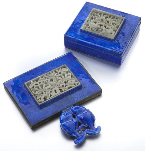 Chinese Jin to Yuan carved jade plaque: Chinese Jin to Yuan carved jade plaque set in an enameled mirror and a box, the inlay depicting birds and flowers. Largest jade: 2"H x 3.125"L, Circa - 1115-1368.