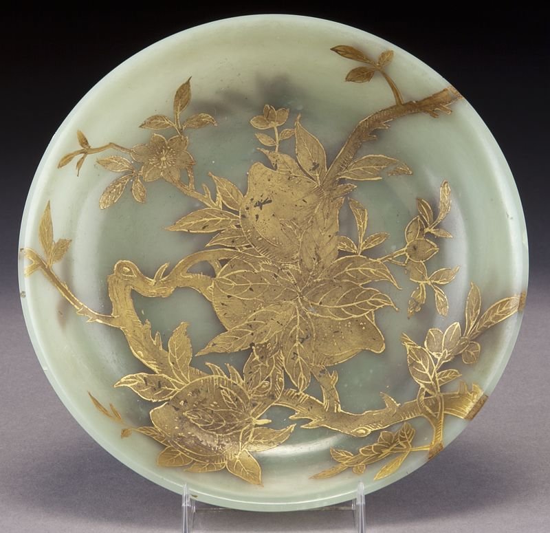 Chinese Qing Mughal-style jade plate,: Chinese Qing Mughal-style jade plate, with gilt decoration depicting a peach tree. 6.75" Dia., Circa - 18th - 19th C.