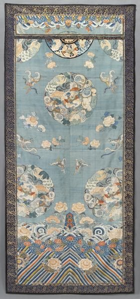 Chinese Qing Kesi banner: Chinese Qing Kesi banner depicting bats, butterflies, peonies, lotus, buddha's hands, rocks and sea waves. 67''H x 30''W, Circa - 18th C.