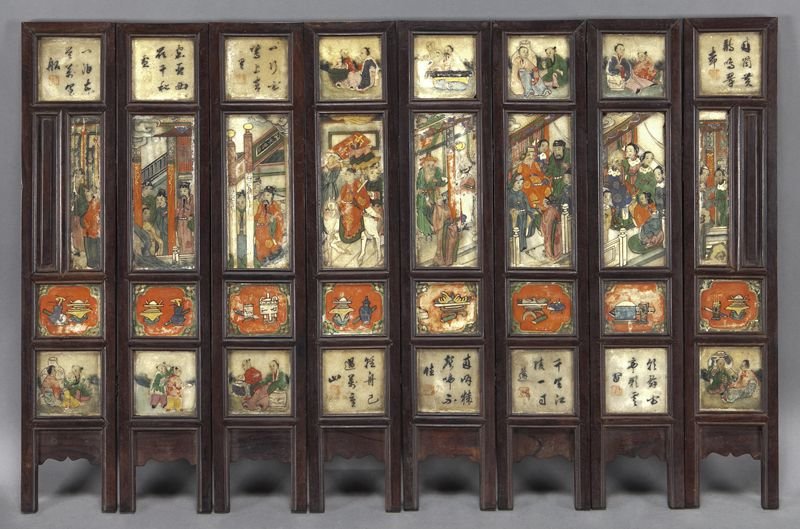 Chinese Qing marble inlaid zitan 8 panel screen,: Chinese Qing marble inlaid zitan 8 panel screen, depicting figures and scholarly objects. 24.25"H x 38"W, Circa - 18th - 19th C.