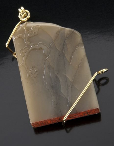 Chinese Qing gold mounted Tianhuang color: Chinese Qing gold mounted Tianhuang color soapstone seal depicting landscapes, with a four character mark to the bottom. 2.125"H, Circa - 18th - 19th C.