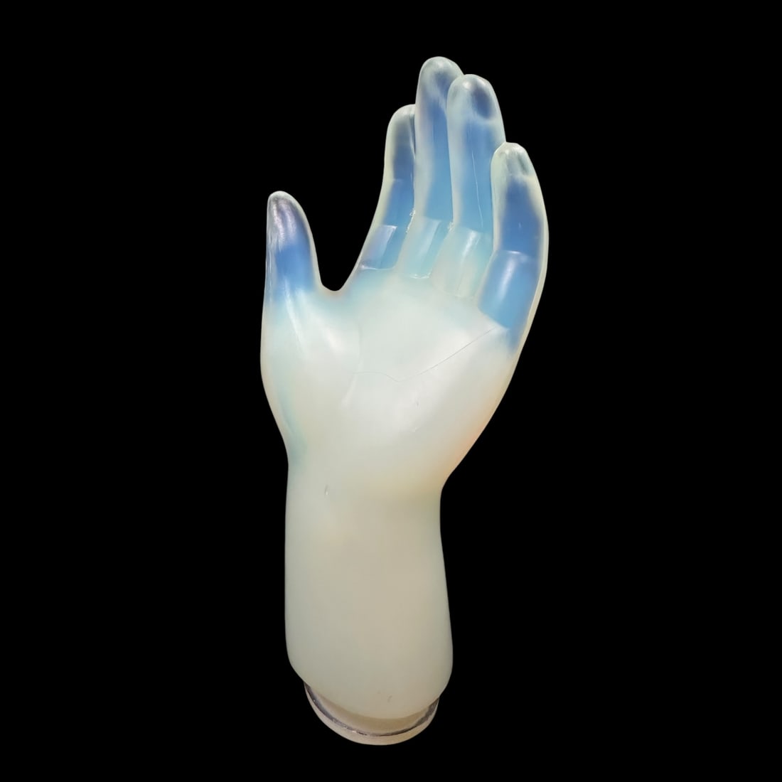 Sabino Art Glass Hand Scupture: A wonderful opalescent hand by Sabino. Comes with red and gold foil label. Measuring H 7.5 x W 4 x D 4 inches. Excellent condition. 