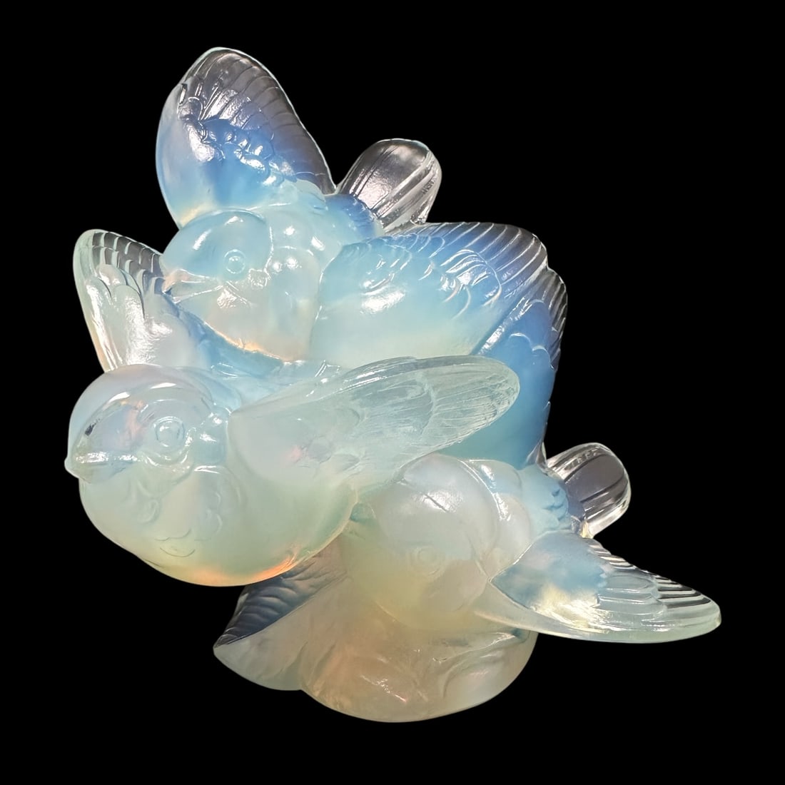 Sabino Envolee Birds Art Glass Sculpture: A wonderful sculpture of 3 sparrows. Measuring H 5 x W 4 x D 4 inches. Signed in script on the and with the red and gold foil label. Mint condition.