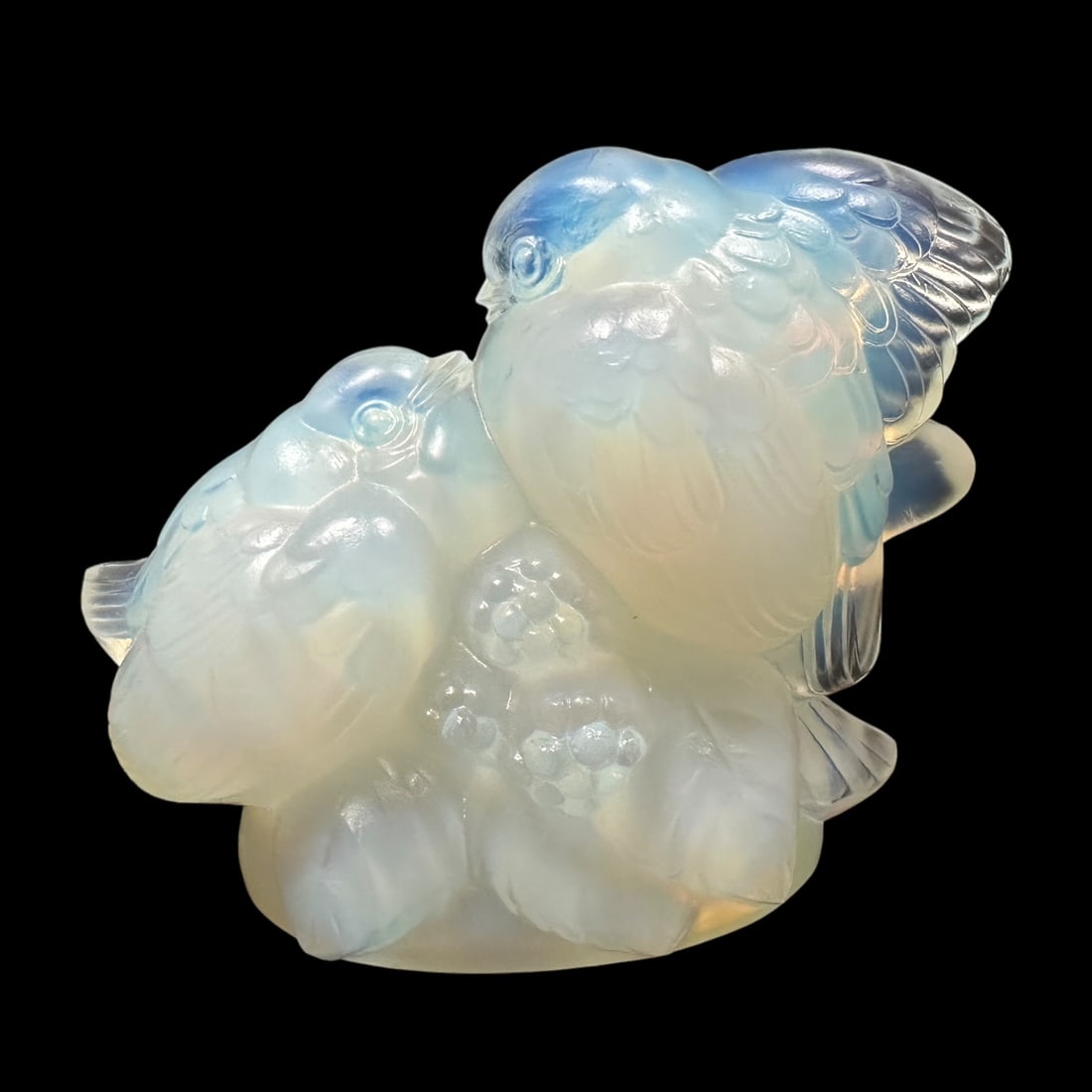 Sabino Art Glass Pair of Sparrows: Two sparrows on a branch by Sabino. Opalescent glass. Signed with red and gold foil label. Also in script. H 3.5 x W 4 x D 4 inches. Mint condition.