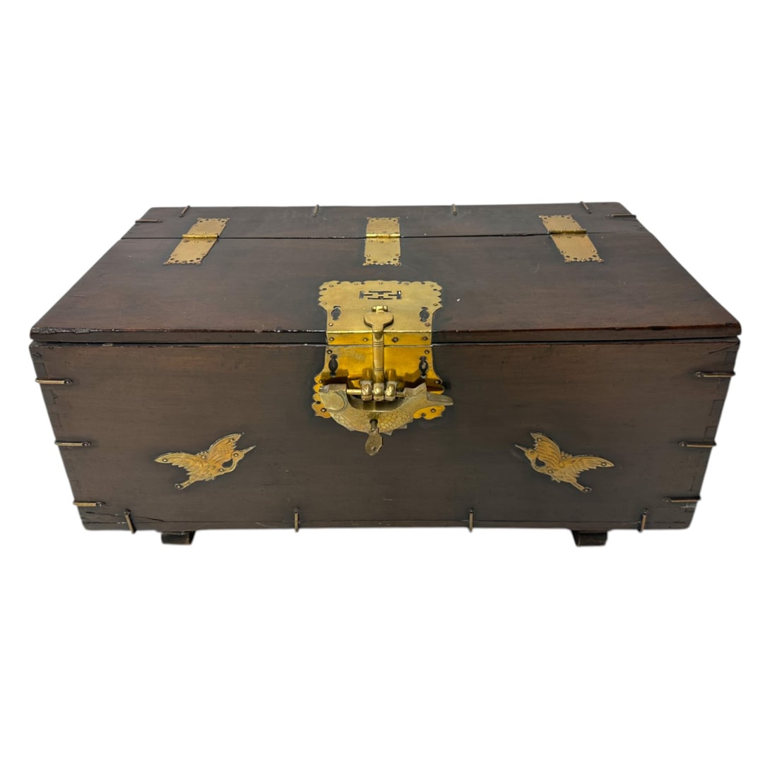 Early 20th Century Korean Style Bandaji Elmwood Chest with Fish Shaped Lock: Early 20th Century Korean Style Bandaji Elmwood Chest with Fish Shaped Lock. The fish shaped lock, common on chests from northern Korean provinces, symbolizes fertility and good fortune. Brass fixture