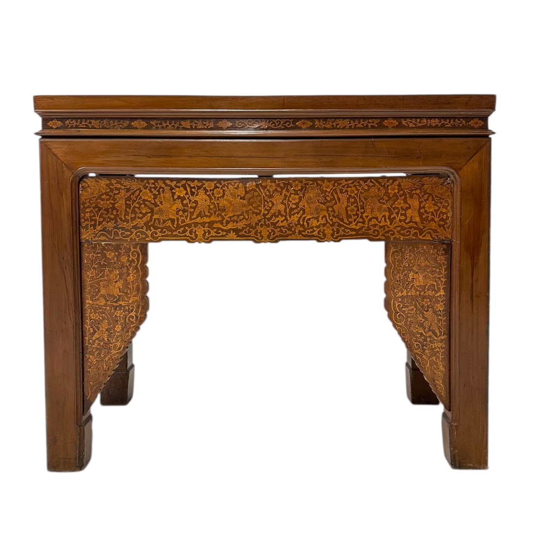 19th Century Chinese Altar Table with a Rectangular Molded Top: 19th Century Chinese Altar Table with a Rectangular, Molded Top displaying a panel within a mitered frame, in elmwood. The deep, shaped apron is inland in various woods showing armed soldiers, infantr