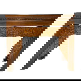 19th Century Chinese Altar Table with a Rectangular Molded Top: 19th Century Chinese Altar Table with a Rectangular, Molded Top displaying a panel within a mitered frame, in elmwood. The deep, shaped apron is inland in various woods showing armed soldiers,