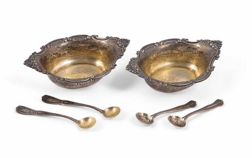 Collection of Six Monogrammed Sterling Silver Smalls: A collection including two small bowls with floral edges and four miniature spoons, monogrammed with letters on the surface and marked sterling on the underside. Bowl measuring H 1 x W 2 x D
