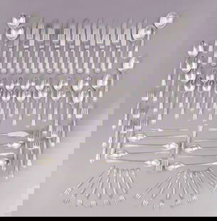 Towle Sterling Silverware, Pattern 1924, Pcs. 82: A service of Towle Sterling flatware, in the pattern 1924, with monogram on all pieces.&nbsp; Including:&nbsp; 8 dinner forks, weight 351.4 grams 8 spoons, weight 319.9 grams 4 cream soup spoon, weigh