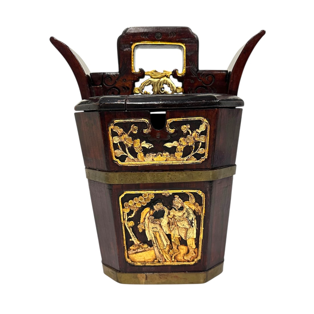 Antique Chinese Rosewood Rice Barrel: An antique Chinese wooden rice barrel with gilt brass fixtures and gilt details on the locking mechanism. Measurement: H 11 x W 11 x D 9 inches Condition: Gilt brass fixtures slightly detached, 