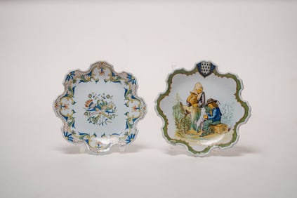 Pair of French Faience Porquier Beau Quimper Scalloped Dishes