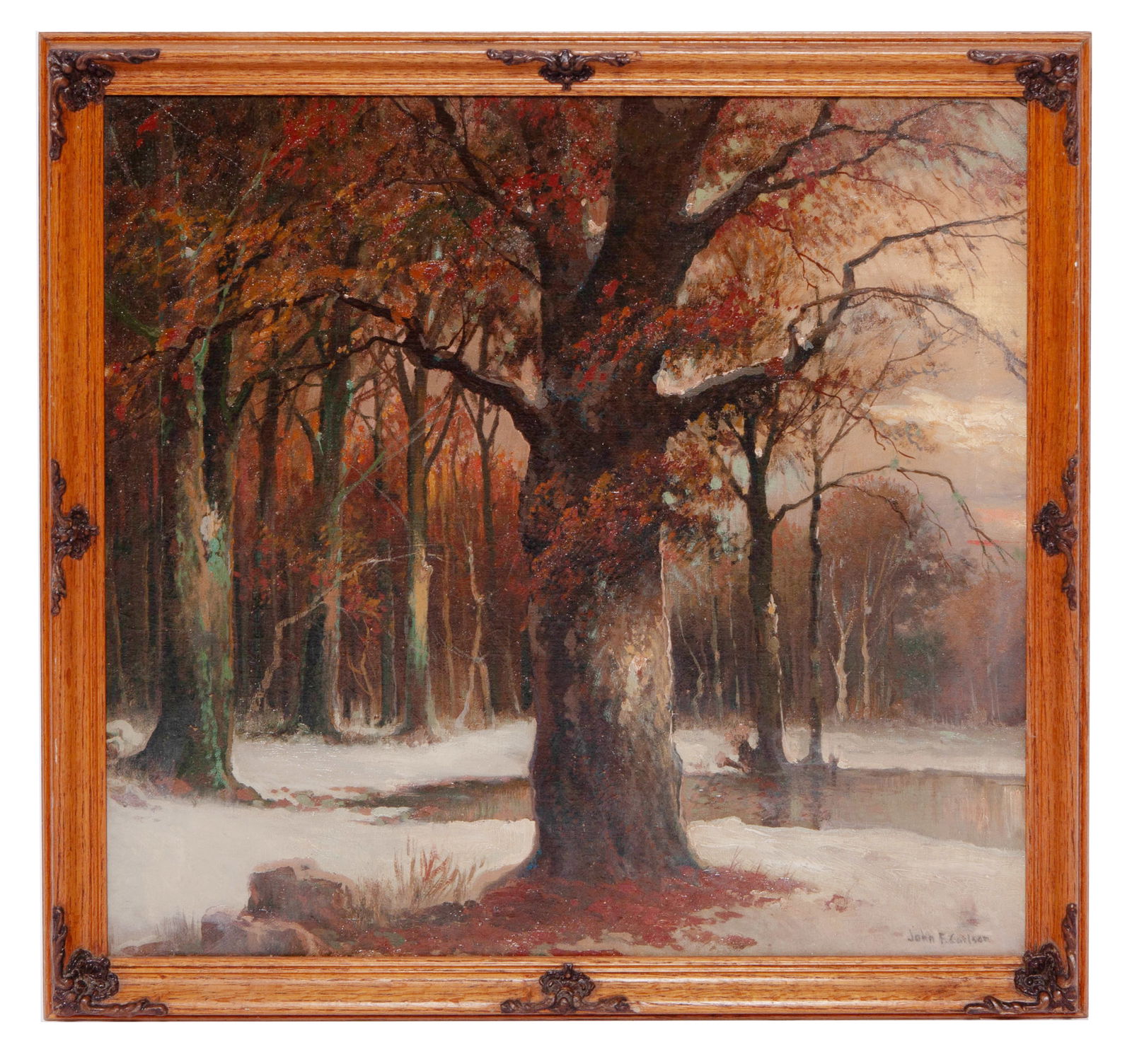 John F. Carlson, Late Fall, Oil on Board: John Fabian Carlson - Sweden 1875 - New York 1947 Late Fall, 20th century Landscape with foliage on a snowy background. Oil on board, measuring H 24 x W 25 x D 0 inches Signed lower right Vintage oak
